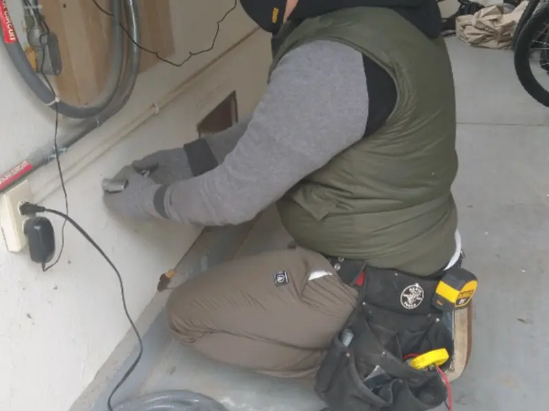 Electrician performing outlet wiring in a Silverdale garage